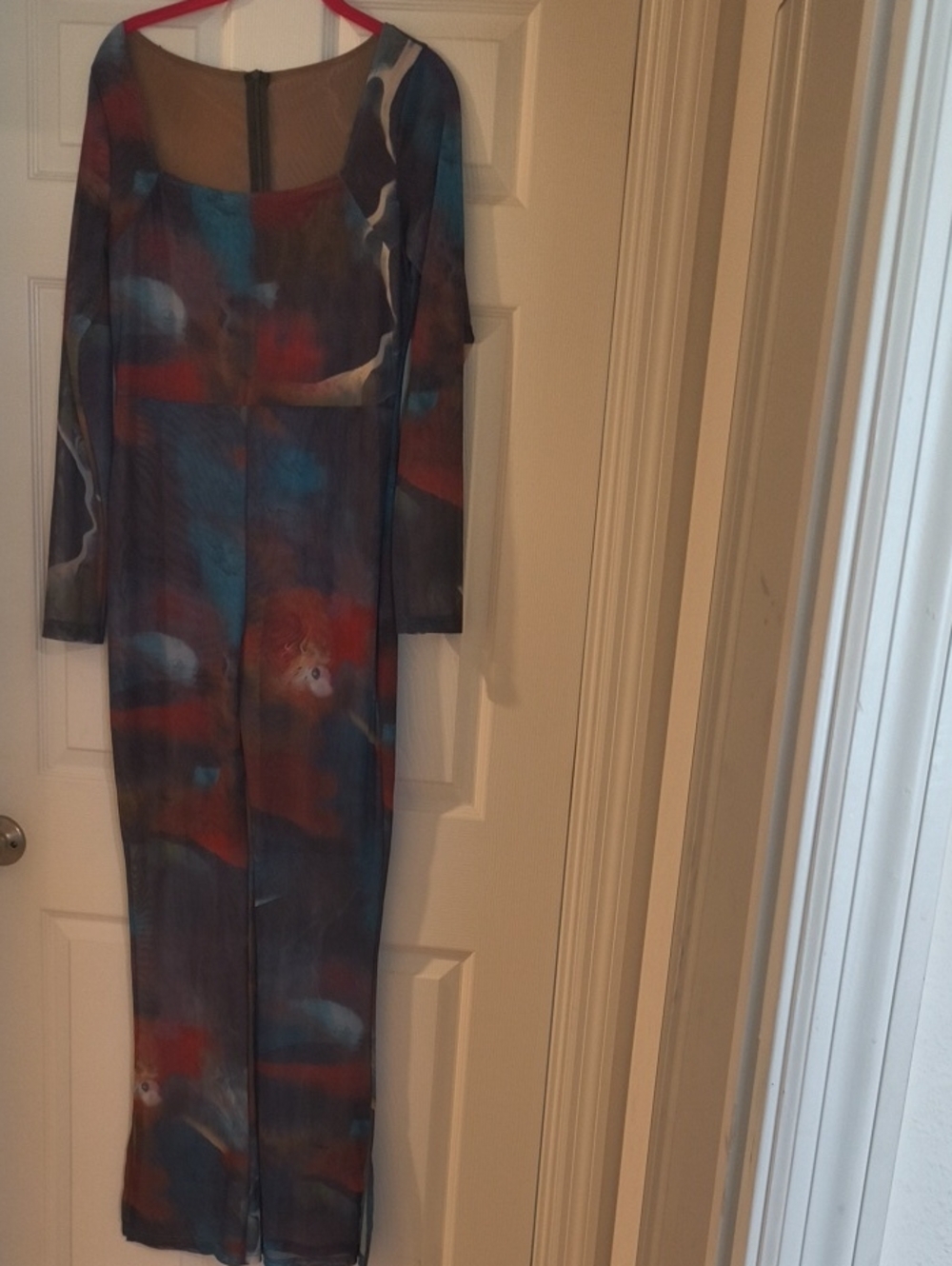 Long Sleeve Abstract Print Maxi Jumpsuit - Blue/Red